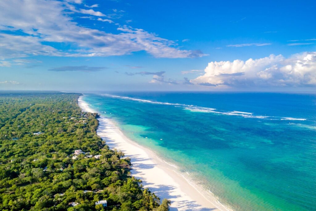 Hvid sandstrand på Diani Beach med træer på den ene side og det blå hav på den anden.