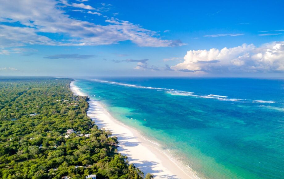 Hvid sandstrand på Diani Beach med træer på den ene side og det blå hav på den anden.