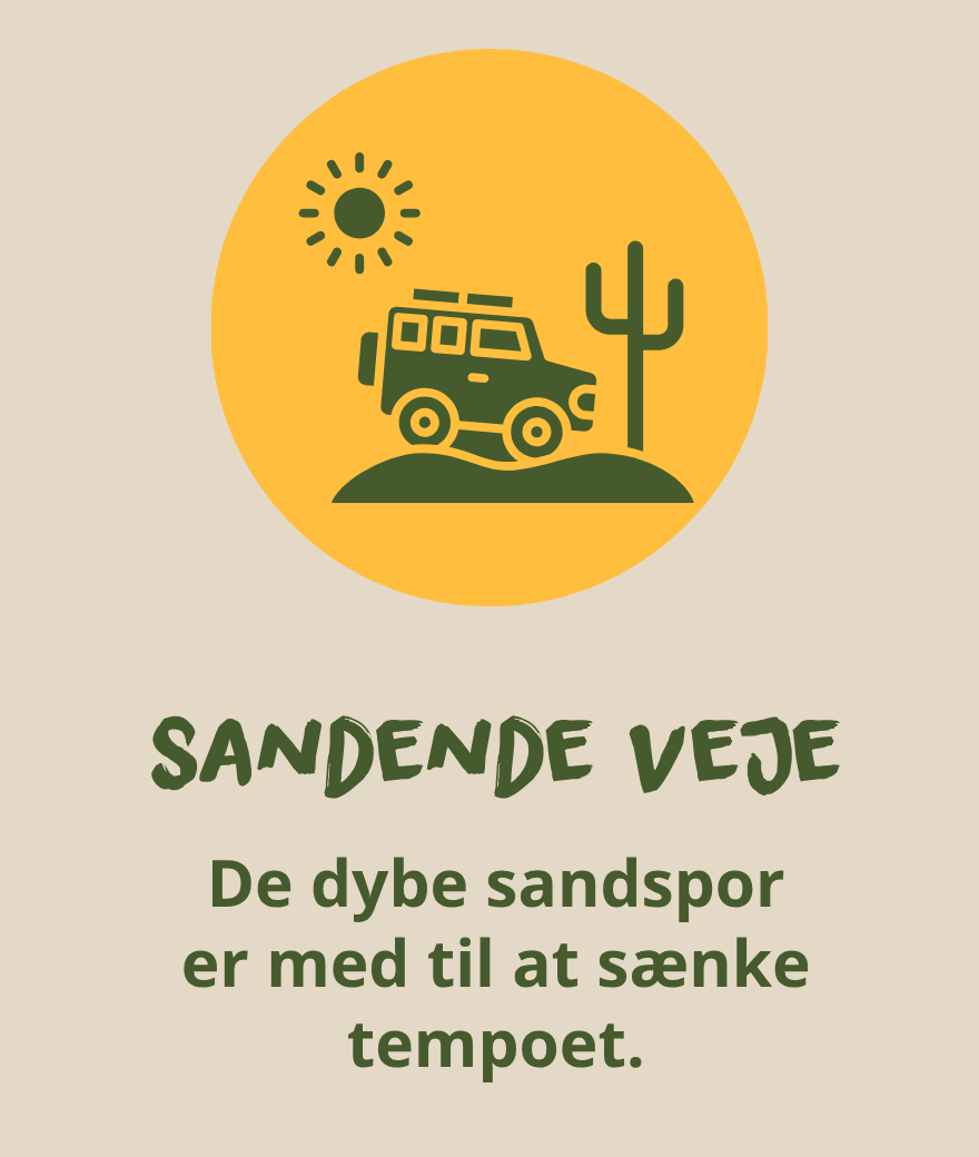En safaribil kører på sandede veje i Botswana, hvor de dybe sandspor sænker tempoet.