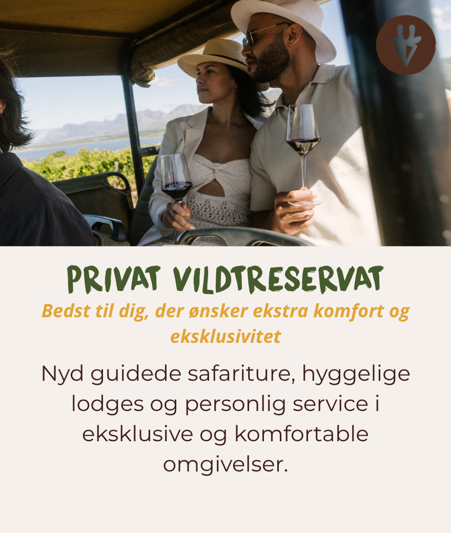 Privat safari i vildtreservater med guidede safariture, intime hytter og personlig service