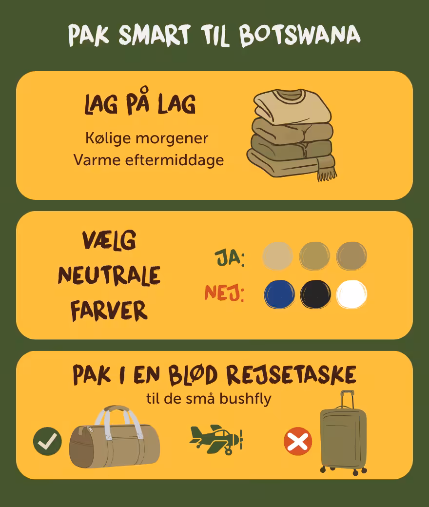 Pakkeguide til safari i Botswana: påklædning i lag, neutrale farver og en blød rejsesæk til bushflyvninger