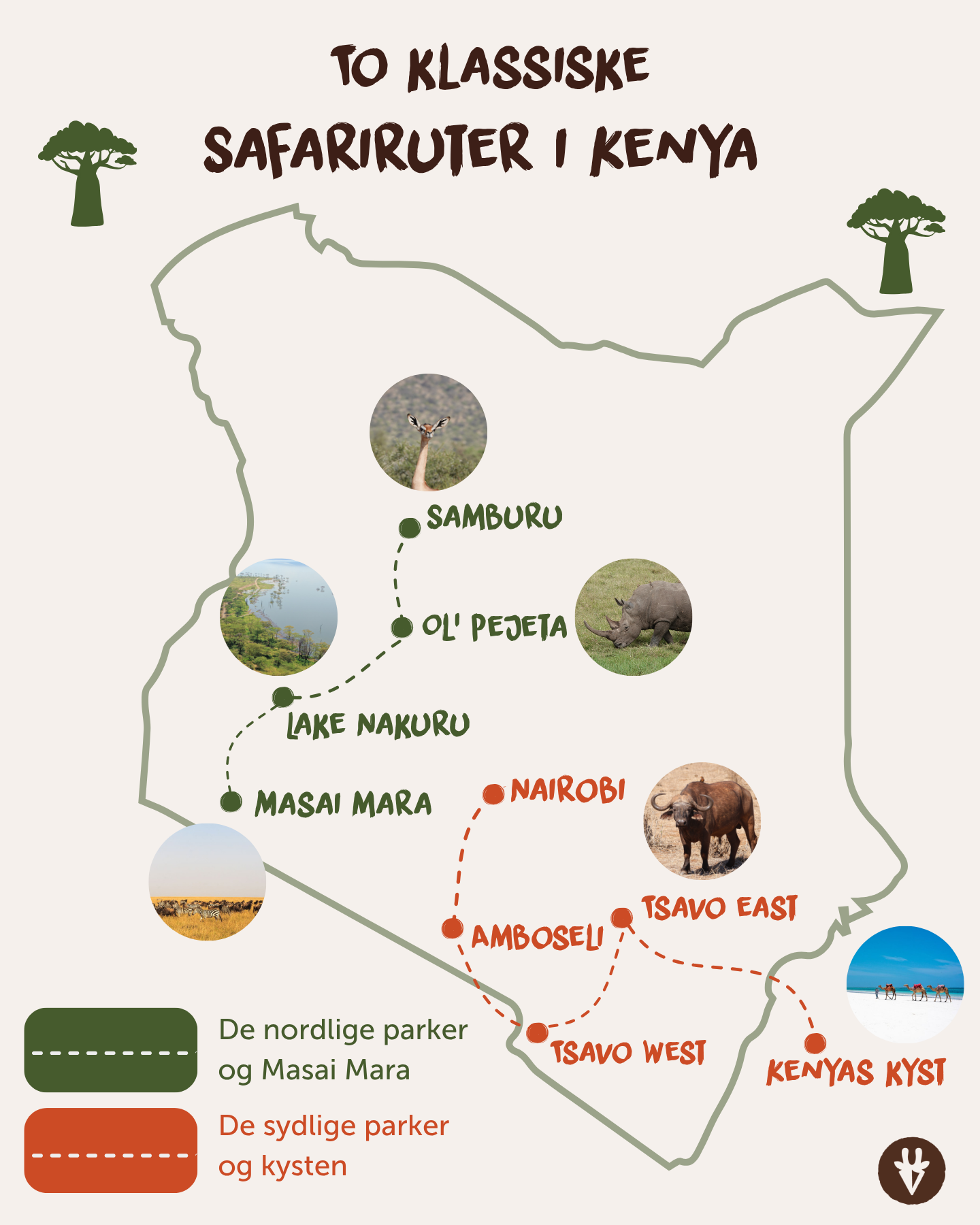 Kort der viser to klassiske safariruter i Kenya gennem de nordlige parker og Masai Mara samt de sydlige parker og Kenyas kyst