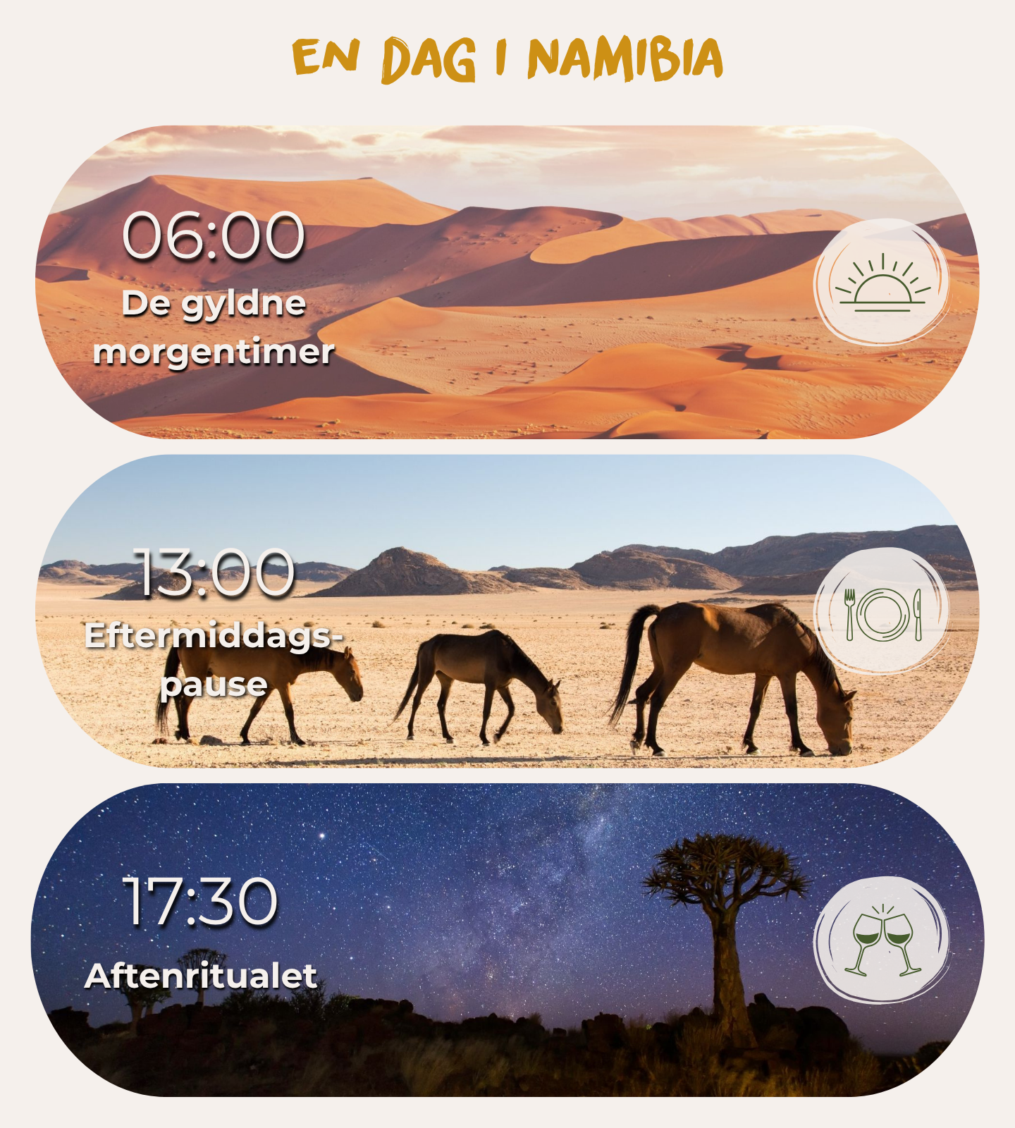 Beskrivelse af en dag i Namibia: den gyldne time kl. 06.00, frokostpause kl. 13.00 og aftenritualet kl. 17.30